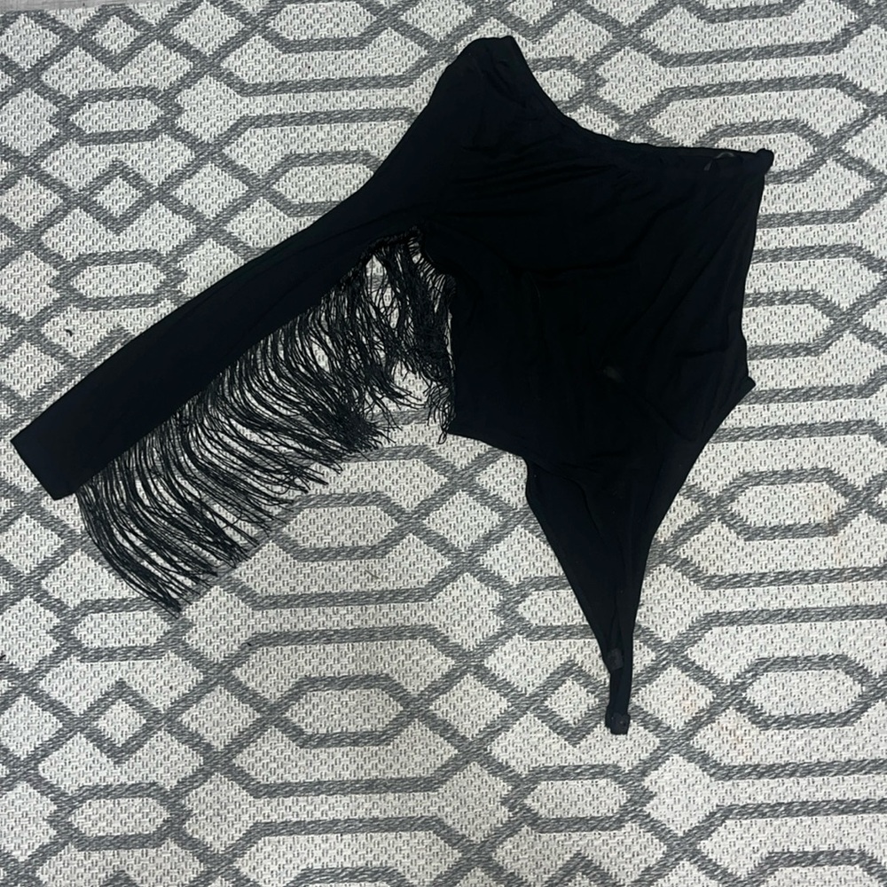 One sleeve black bodysuit with tassels. WORN ONCE